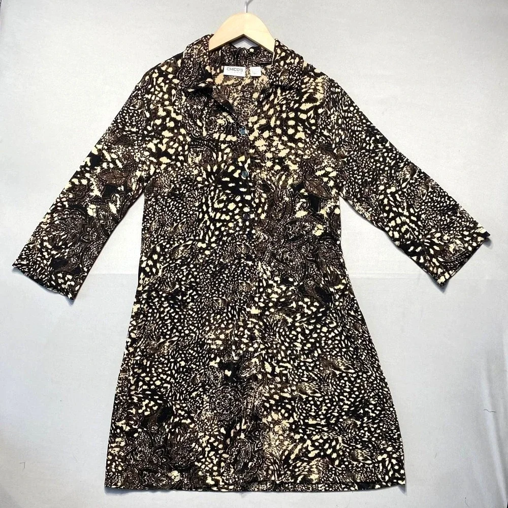 Chicos Travelers Shirt Dress Womens M Brown‎ Abstract Slinky Knit Stretch Travel